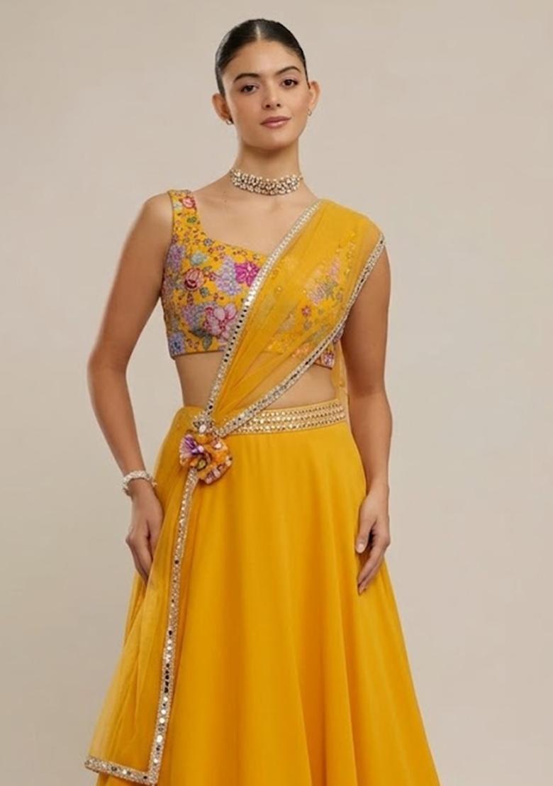 Yellow Printed Lehenga Set - Indya