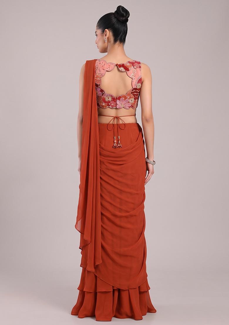 Rust Printed Crepe Pre Draped Saree Set - Indya