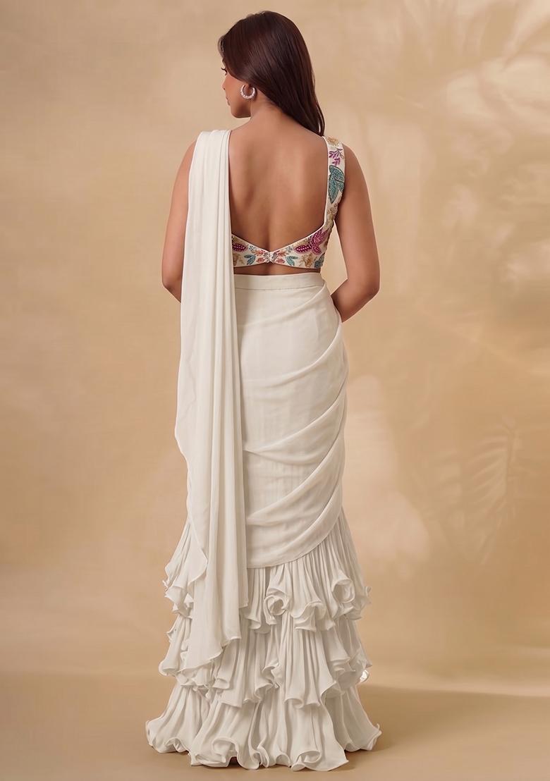 White Printed Silk Blend Pre Draped Saree Set - Indya