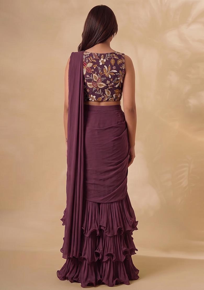 Wine Printed Silk Blend Pre Draped Saree Set - Indya
