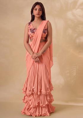 Peach Printed Organza Pre Draped Saree Set