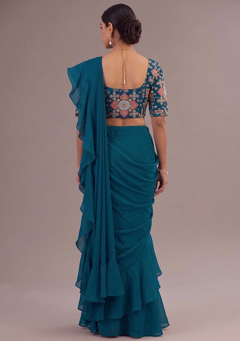 Deep Teal Printed Crepe Pre Draped Saree Set - Indya
