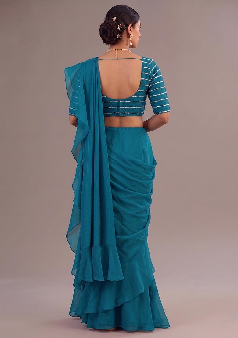 Teal Embroidered Organza Pre Draped Saree Set - Indya