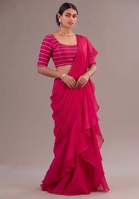Rani Pink Embroidered Organza Pre Draped Saree Set
