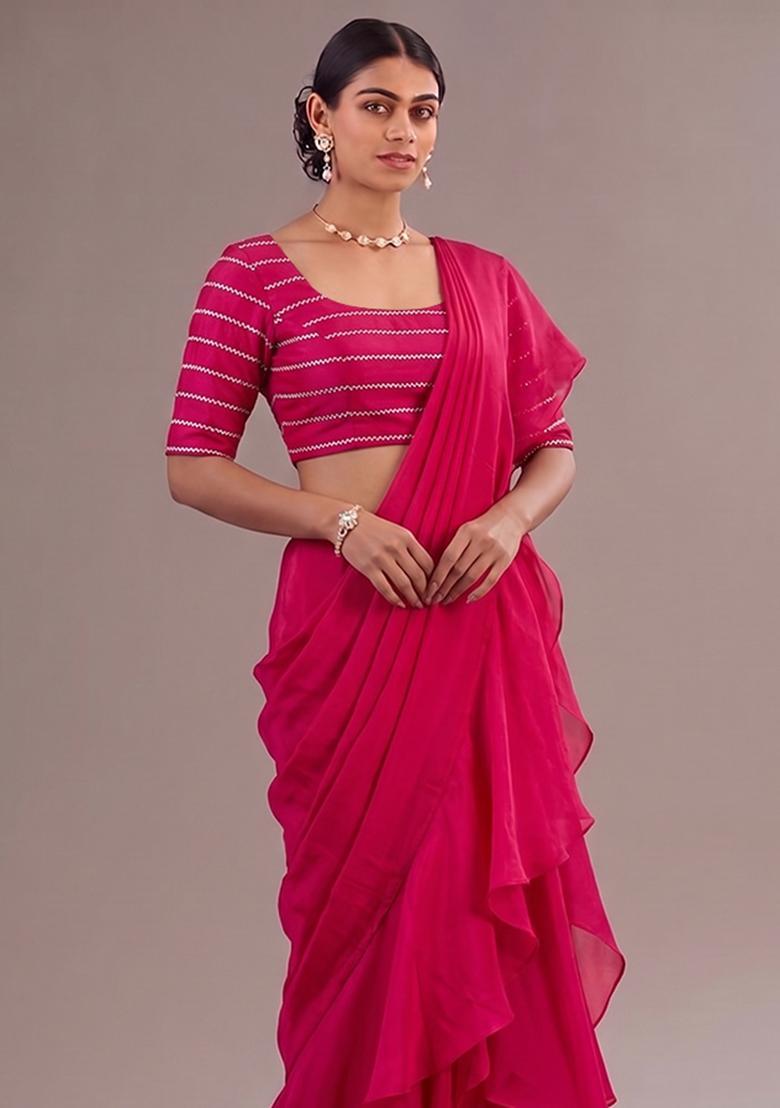 Rani Pink Embroidered Organza Pre Draped Saree Set - Indya