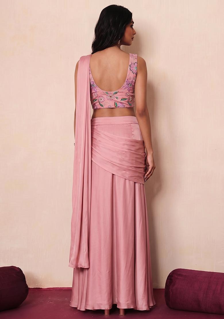 Light Pink Printed Organza Pre Draped Saree Set - Indya