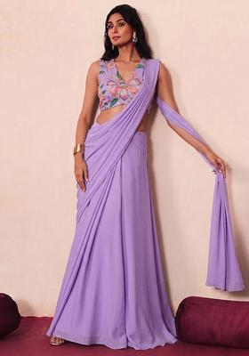 Lilac Printed Organza Pre Draped Saree Set