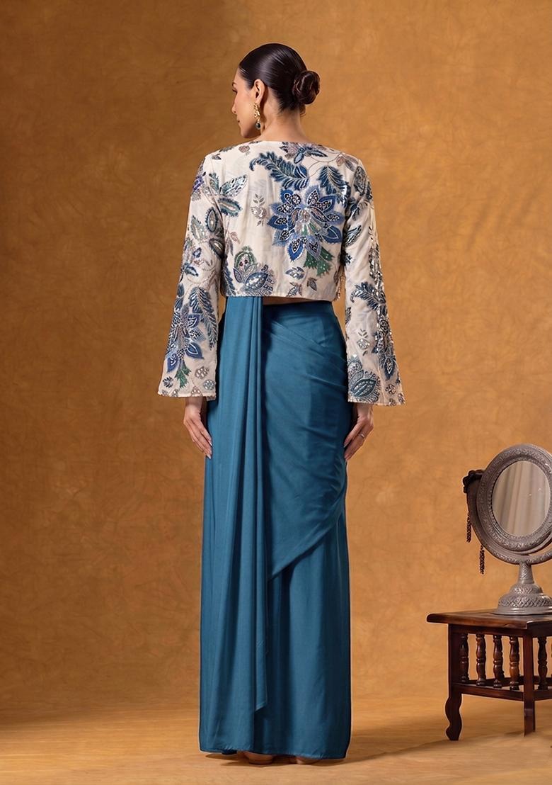 Teal Blue Printed Organza Pre Draped Saree Set - Indya