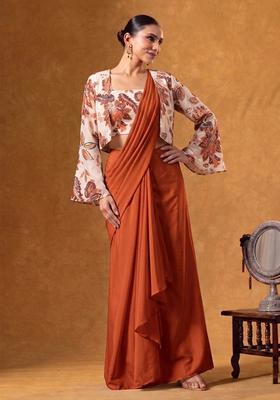 Rust Printed Organza Pre Draped Saree Set