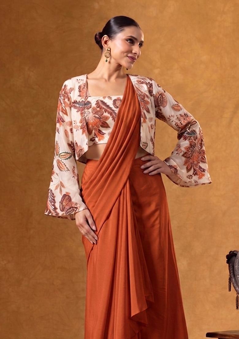 Rust Printed Organza Pre Draped Saree Set - Indya