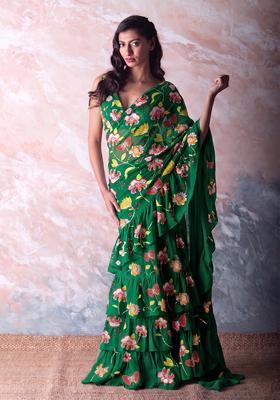 Dark Green Printed Chinon Pre Draped Saree Set