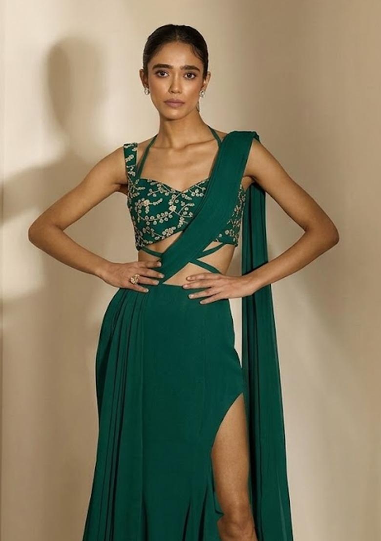 Bottle Green Embroidered Pre Draped Saree Set - Indya