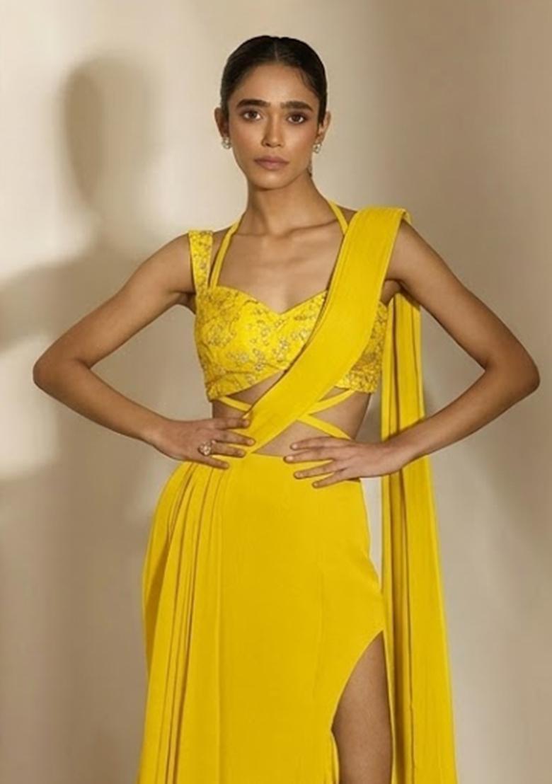Yellow Embroidered Pre Draped Saree Set - Indya