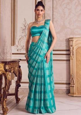 Turquoise&nbsp; Blue Printed Pre Draped Saree Set