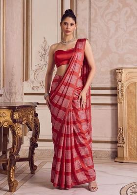 Red Printed Pre Draped Saree Set