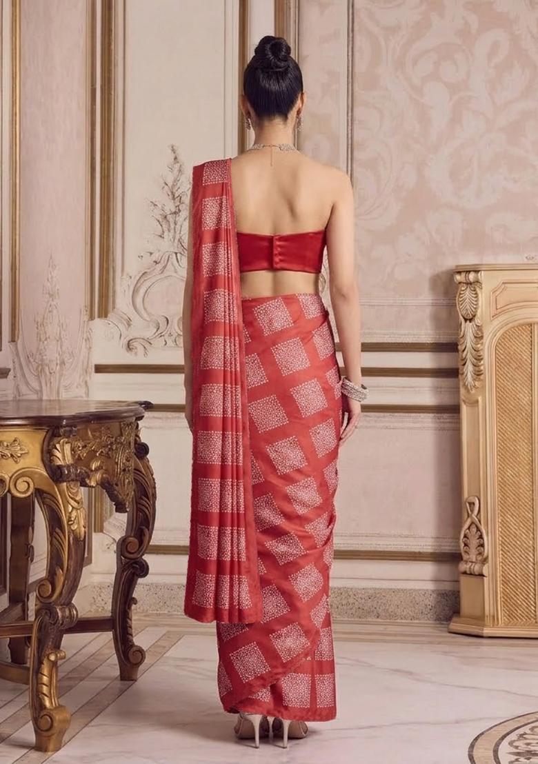 Red Printed Pre Draped Saree Set - Indya