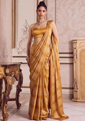 Mustard Printed Pre Draped Saree Set