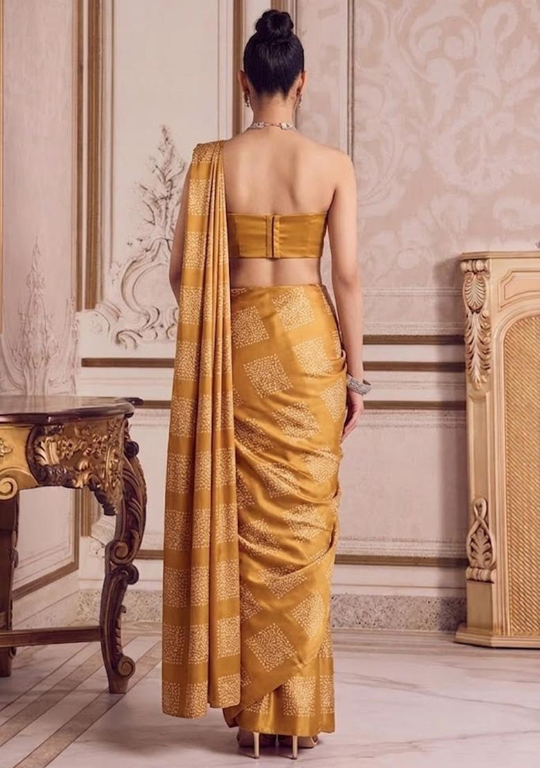 Mustard Printed Pre Draped Saree Set - Indya