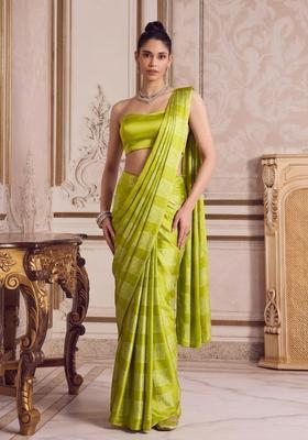 Lime Green Printed Pre Draped Saree Set