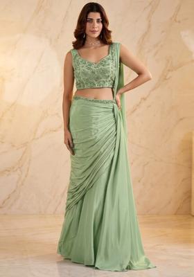 Pastel Green Embroidered Pre Draped Saree Set