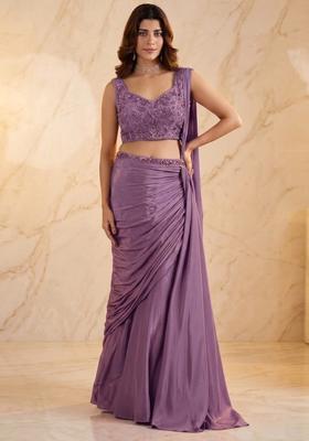 Lilac Embroidered Pre Draped Saree Set