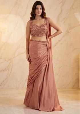 Peach Embroidered Pre Draped Saree Set