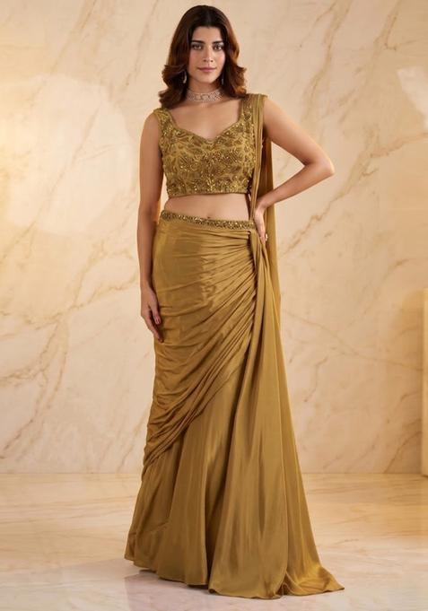 Mustard Embroidered Pre Draped Saree Set
