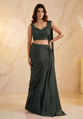 Grey Embroidered Pre Draped Saree Set