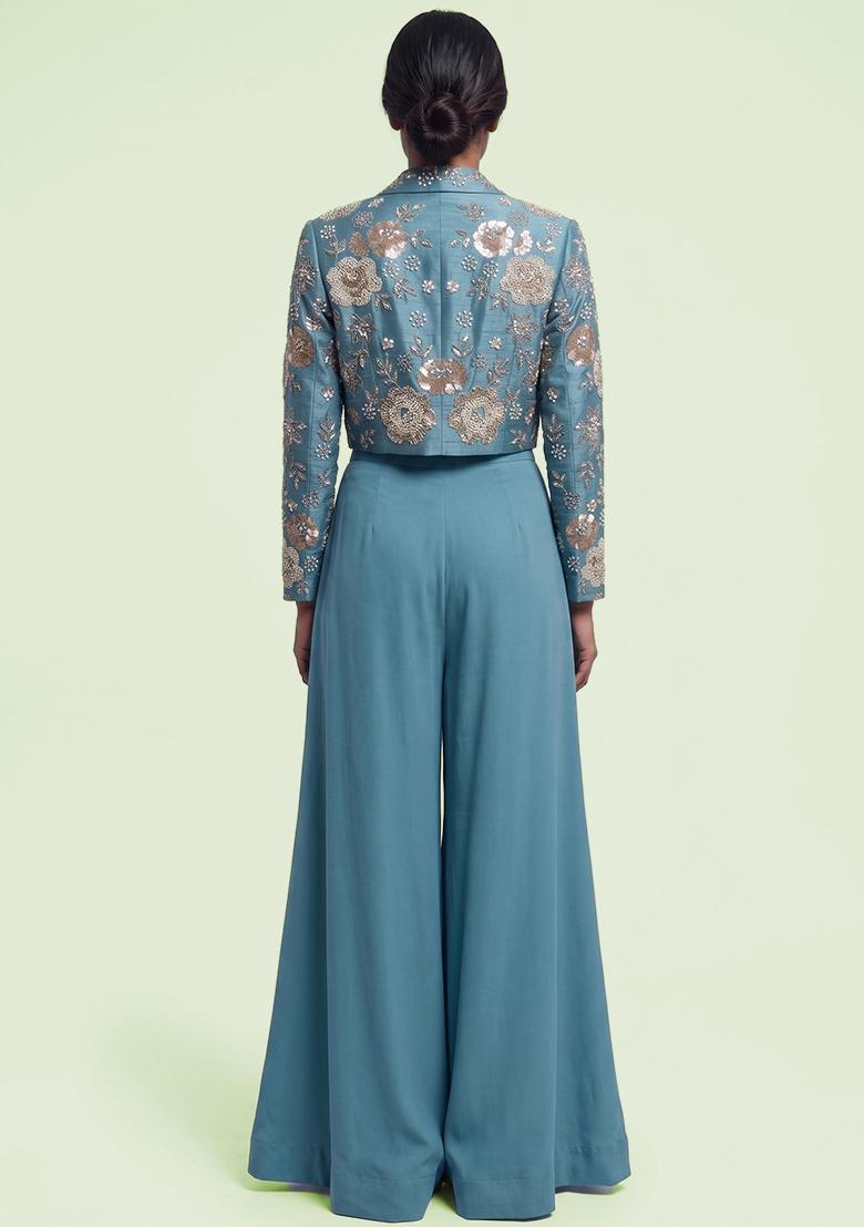 Blue Embroidered Georgette Fusion Set - Indya