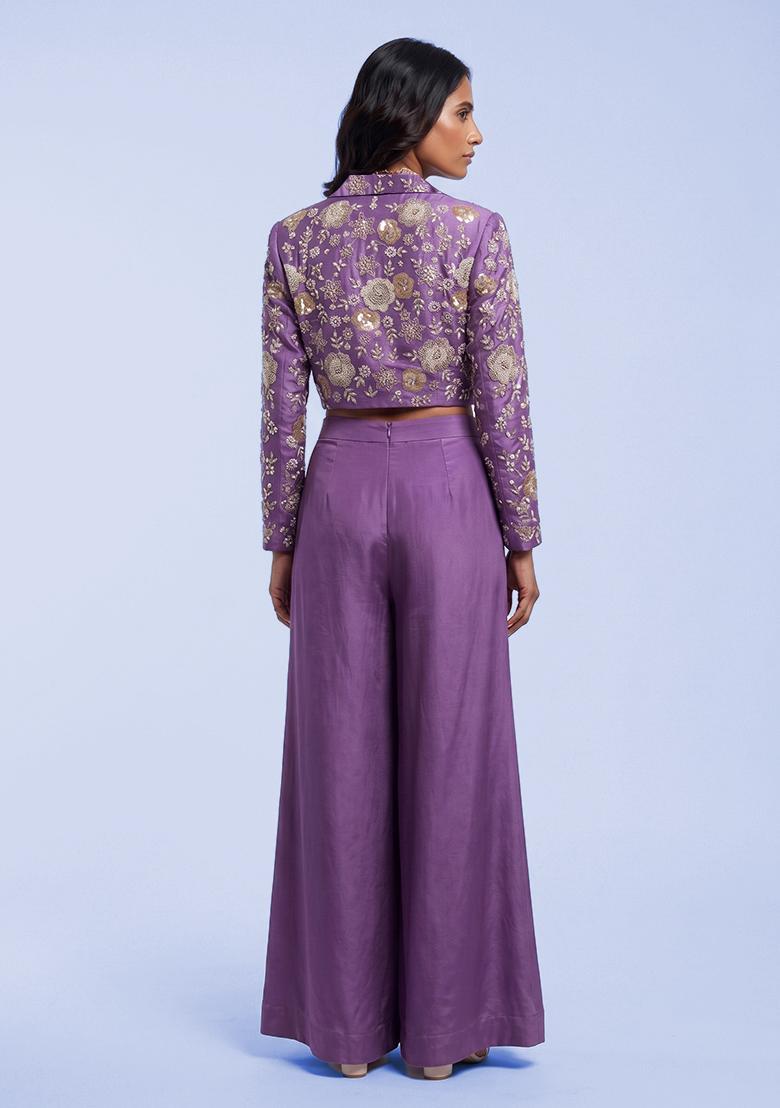 Purple Embroidered Georgette Fusion Set - Indya