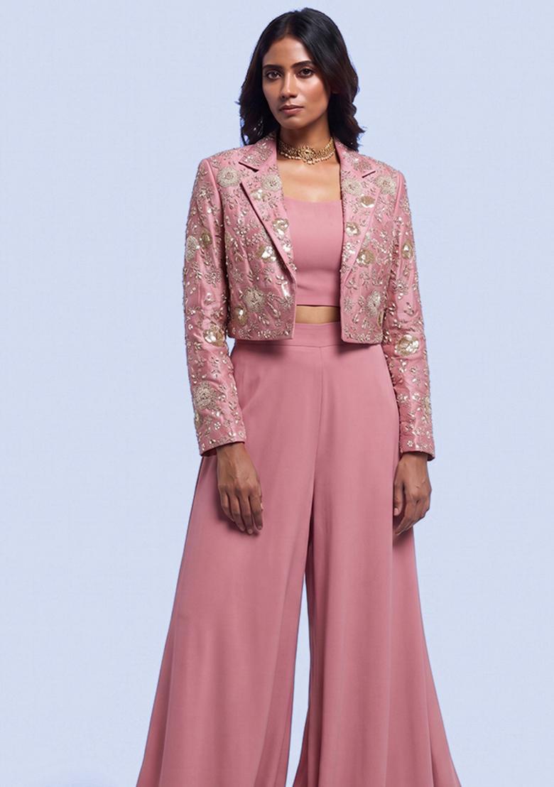 Light Pink Embroidered Georgette Fusion Set - Indya