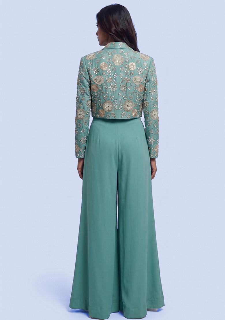 Light Teal Embroidered Georgette Fusion Set - Indya