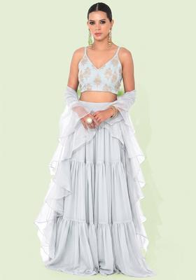Off White Embroidered Organza Lehenga Set