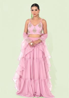 Light Pink Embroidered Organza Lehenga Set