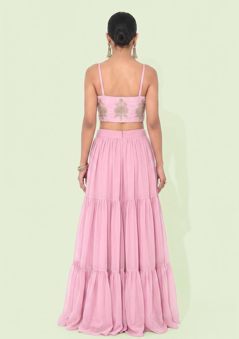 Light Pink Embroidered Organza Lehenga Set - Indya