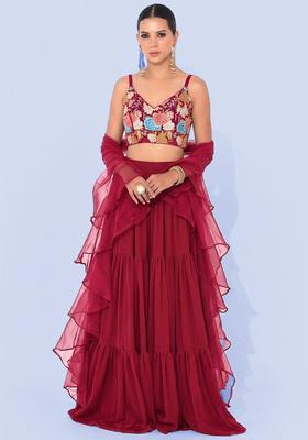 Red Printed Crepe Lehenga Set