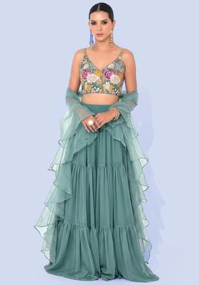 Mint Printed Crepe Lehenga Set