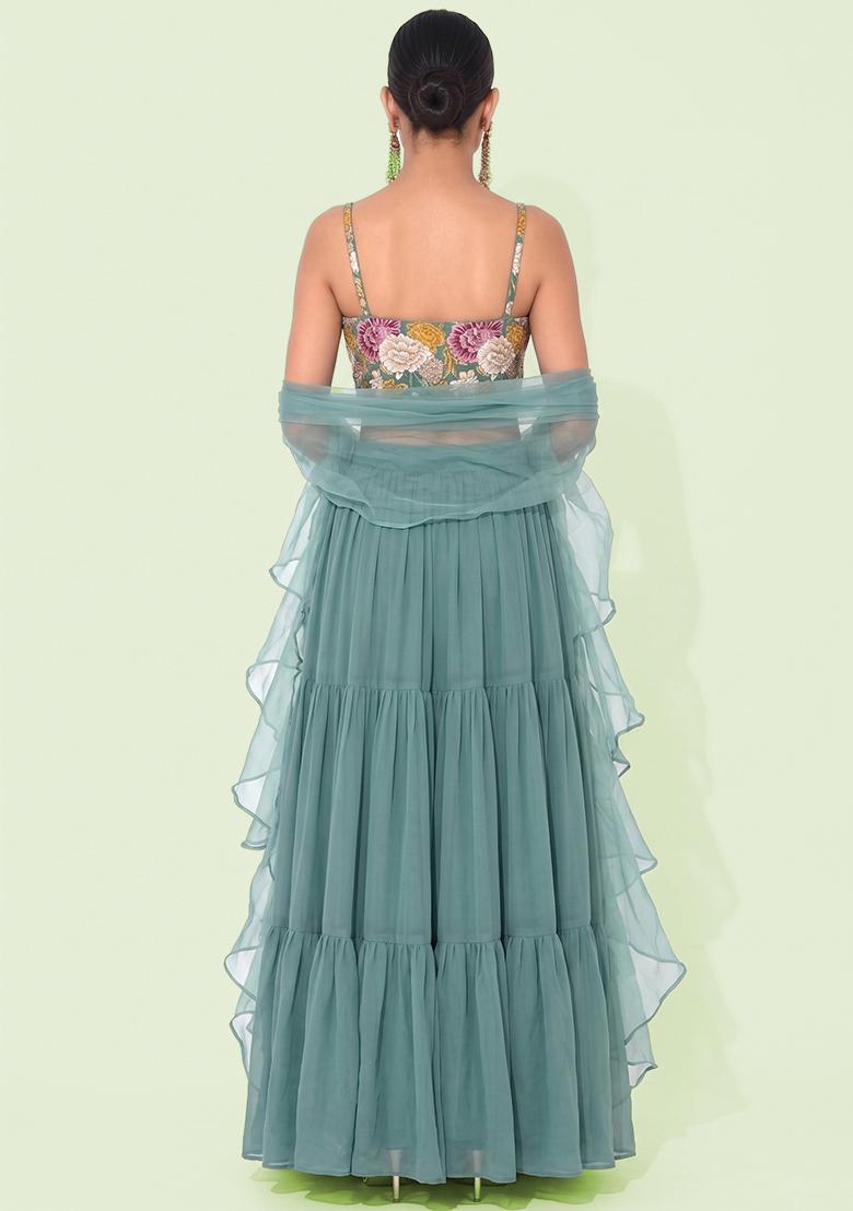 Mint Printed Crepe Lehenga Set - Indya