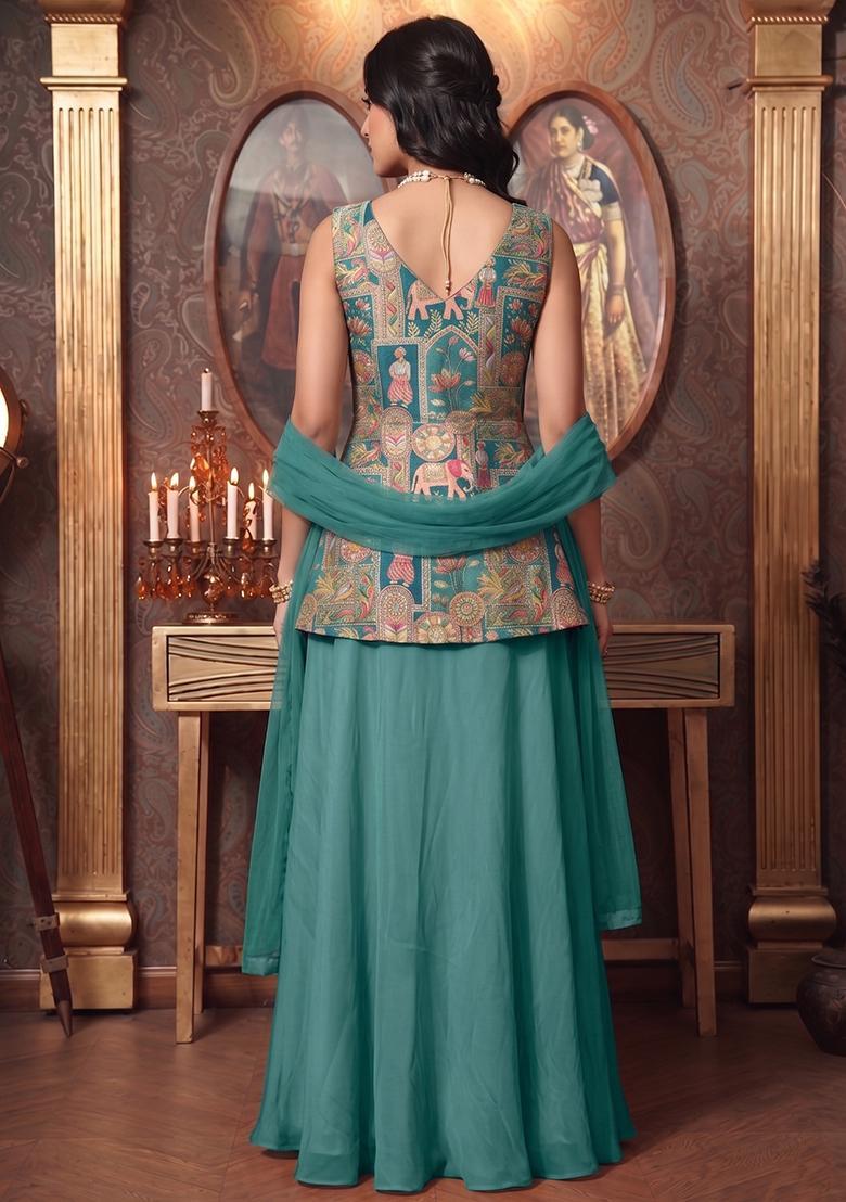 Teal Silk Blend Lehenga Set - Indya