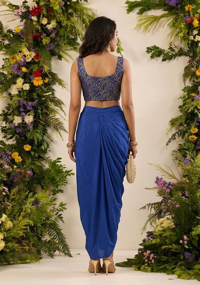 Dark Blue Brocade Fusion Set - Indya
