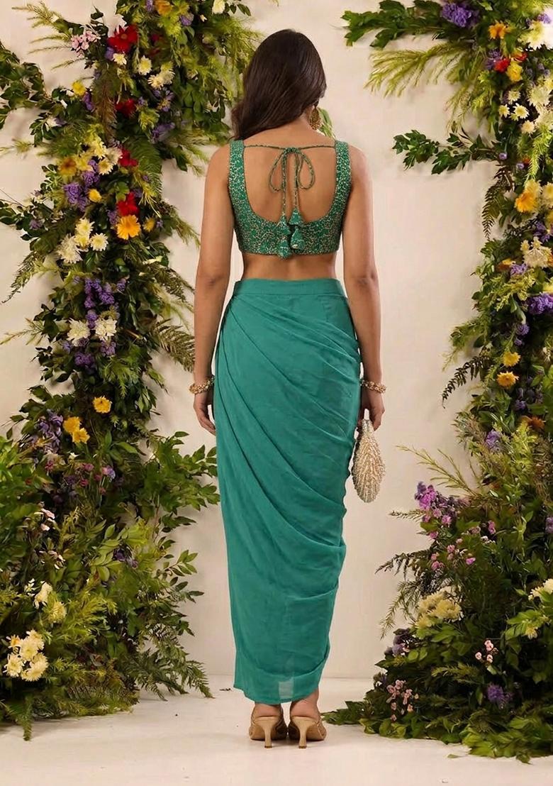 Bottle Green Brocade Fusion Set - Indya