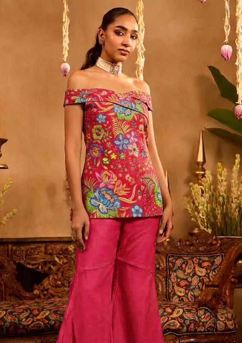Hot Pink Printed Chinon Fusion Set - Indya