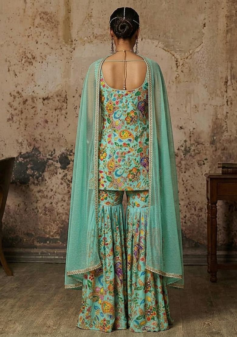 Mint Printed Crepe Sharara Set - Indya