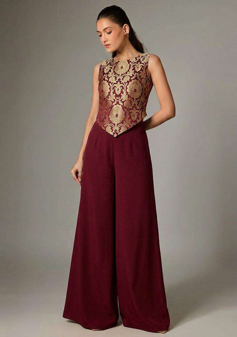 Maroon Silk Blend Fusion Set - Indya