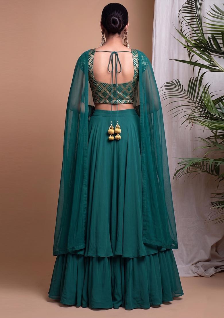 Dark Teal Zari Silk Blend Lehenga Set - Indya