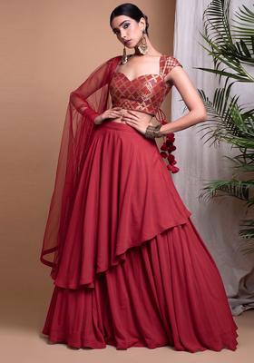 Red Zari Silk Blend Lehenga Set