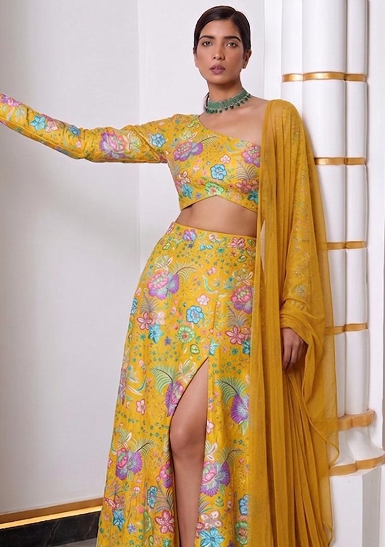 Yellow Printed Chinon Lehenga Set - Indya