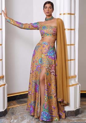 Multicolor Printed Chinon Lehenga Set