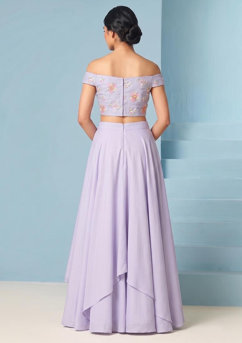 Lavender Embroidered Chanderi Lehenga Set - Indya