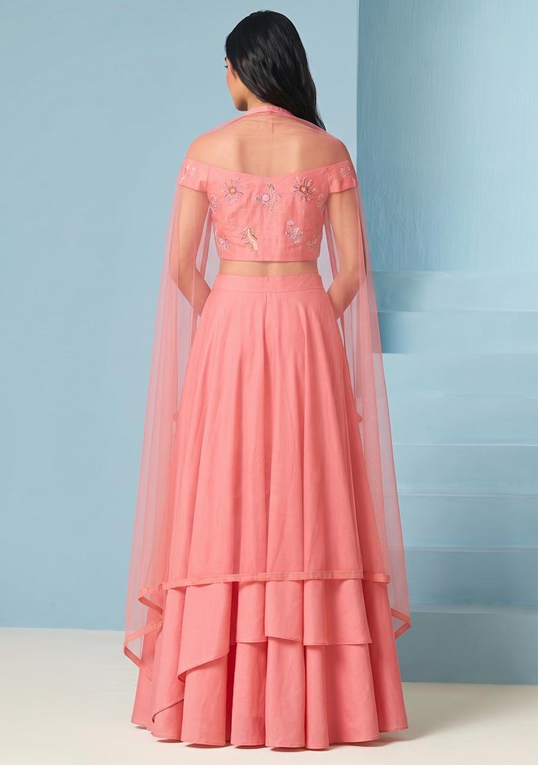 Soft Pink Embroidered Chanderi Lehenga Set - Indya